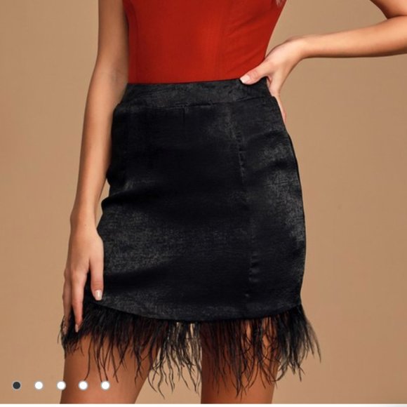 Lulus Dresses & Skirts - NWOT Hooked On You Black Satin Feather Mini Skirt
